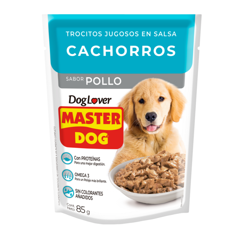 Sobre de Master Dog Trocitos Jugosos Cachorros sabor pollo de 85 g